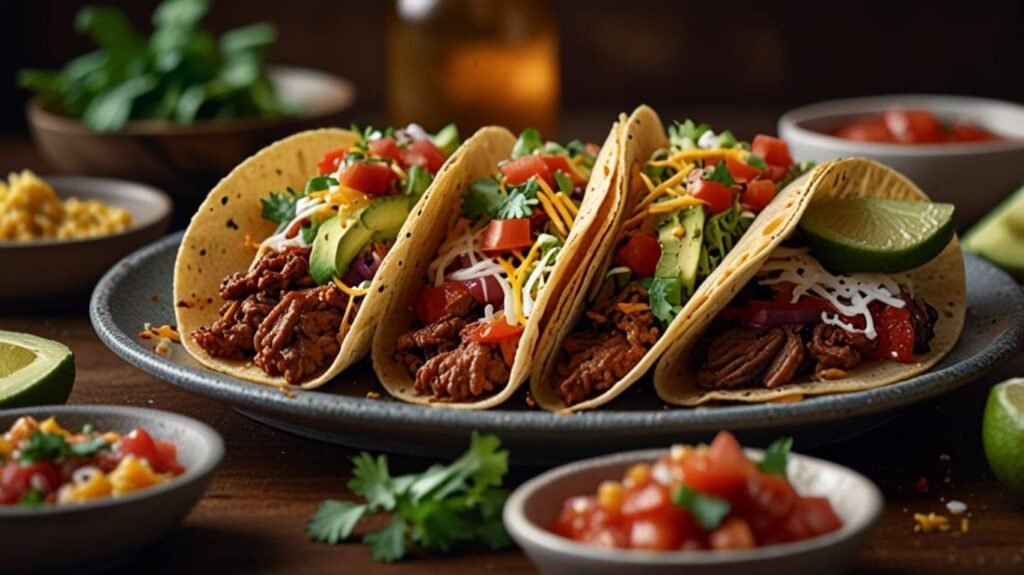 A colorful taco bar with a variety of fillings such as seasoned meat, shredded cheese, salsa, avocado, lettuce, and tortillas. The image should show a family assembling their tacos. (Family-friendly recipes)