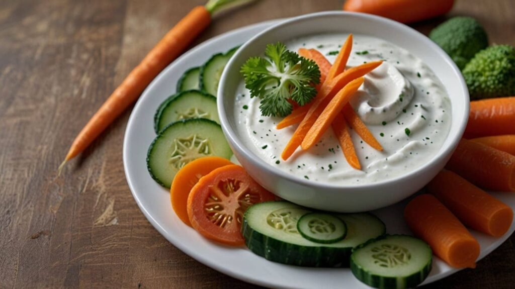 Low-calorie snacks. A plate with a variety of colorful sliced vegetables (carrot sticks, cucumber slices, bell pepper strips) arranged around a bowl of creamy Greek yogurt dip.