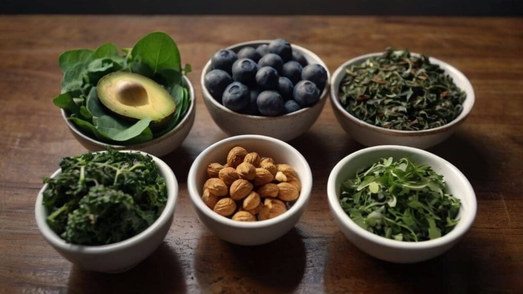 o	Image of a variety of superfoods such as berries, nuts, and leafy greens displayed on a kitchen counter.