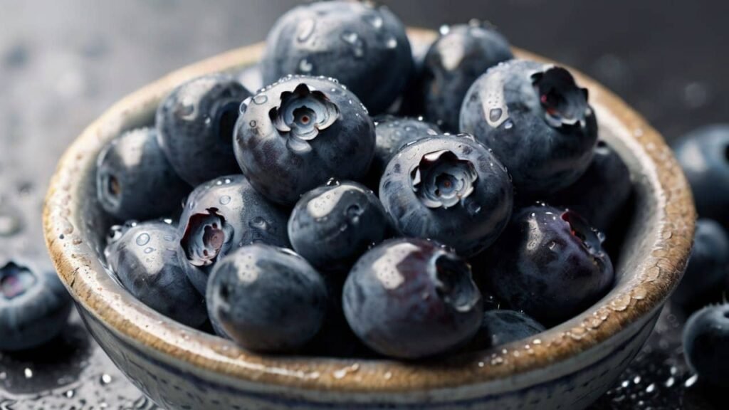 Close-up image of fresh blueberries in a bowl, with water droplets to emphasize freshness as one of the superfoods.