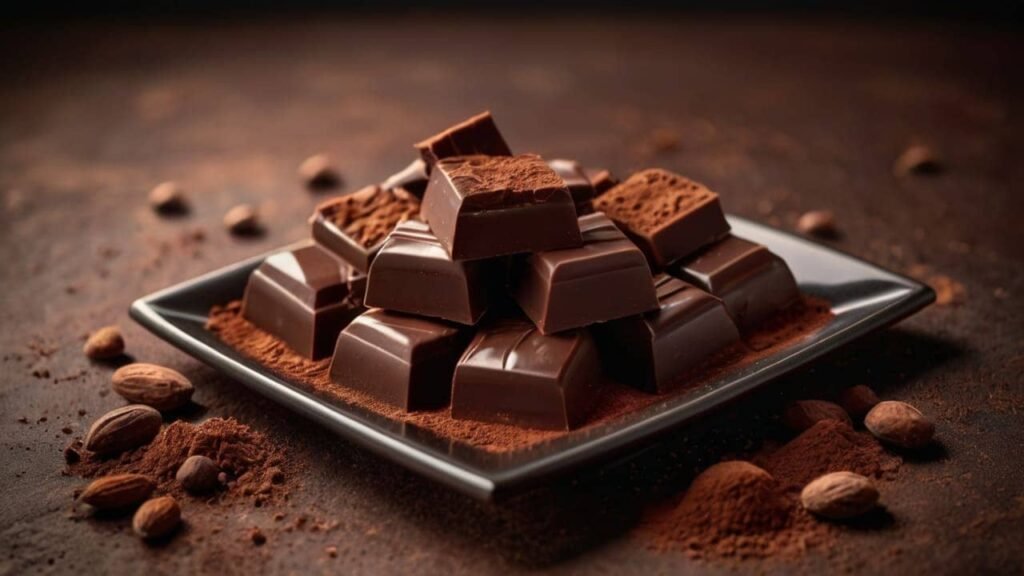 o	Dark chocolate squares arranged on a slate board, with cocoa beans and powder around as one of the superfoods.