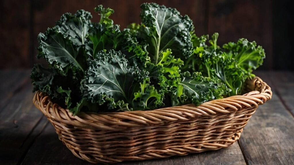 Image of kale leaves in a wooden basket or a freshly made kale salad as one of the superfoods.