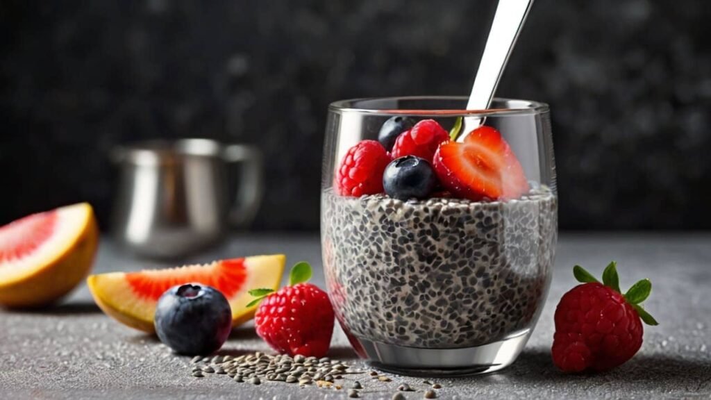 A spoonful of chia seeds with a glass of chia pudding topped with fresh fruit as one of the superfoods.