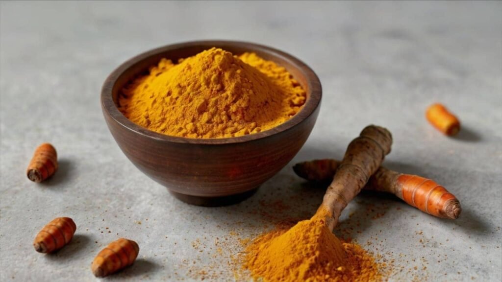 Image of turmeric roots and powder in small bowls, with a sprinkle of powder on the table as one of the superfoods.