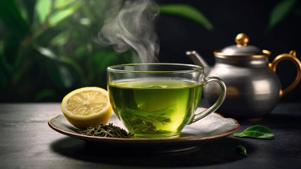 A steaming cup of green tea with a teapot, surrounded by tea leaves and a slice of lemon as one of the superfoods.