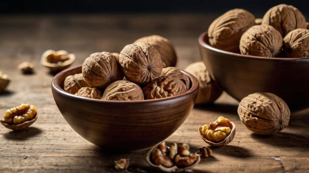 A handful of walnuts in a bowl, with scattered nuts around the table as one of the superfoods.