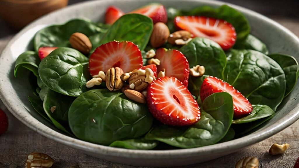 A fresh spinach salad with strawberries, nuts, and a light vinaigrette dressing as one of the superfoods.