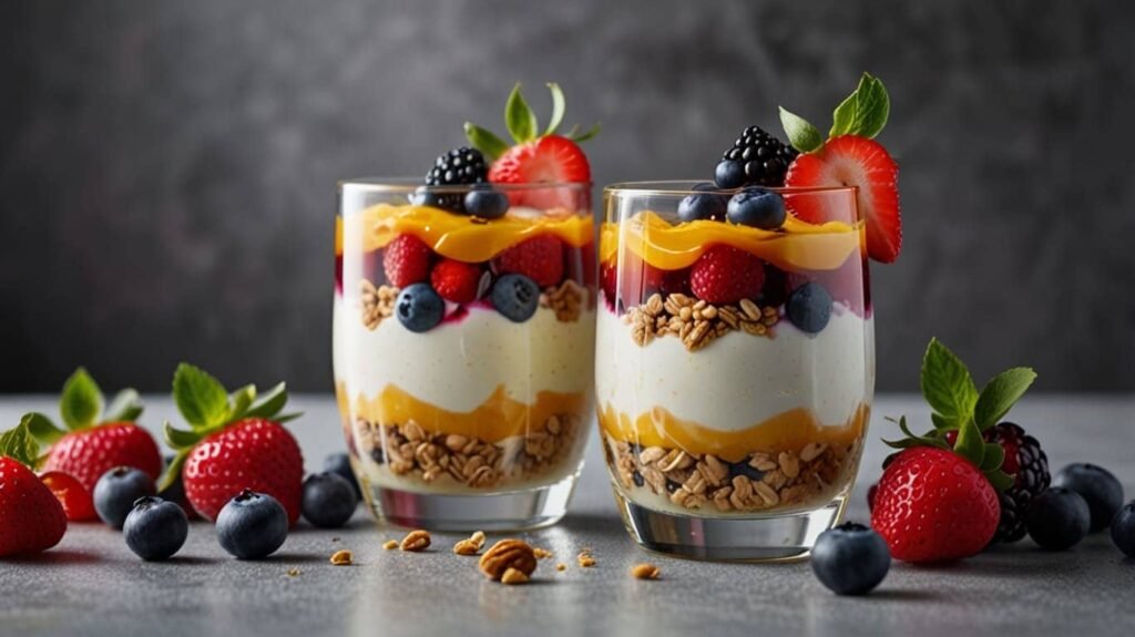 Layered yogurt parfaits in clear glasses, with fresh berries, granola, and a drizzle of honey on top. Bright colors from the fruits should stand out. (Family-friendly recipes)