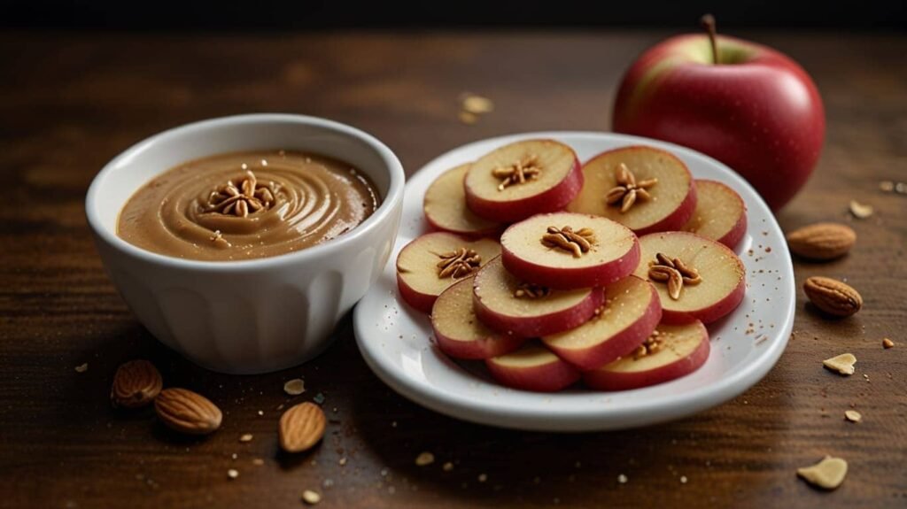 Low-calorie snacks. Crisp apple slices arranged on a plate with a small bowl of almond butter for dipping, with a sprinkle of cinnamon on top.