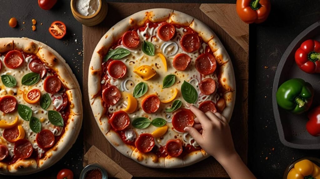 A top-down shot of kids’ hands adding toppings like pepperoni, bell peppers, and cheese to a pizza before it goes into the oven. (Family-friendly recipes)