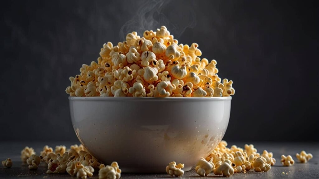 Low-calorie snacks. A bowl of fluffy, air-popped popcorn seasoned with herbs or spices, set against a simple background to highlight the light and airy texture.