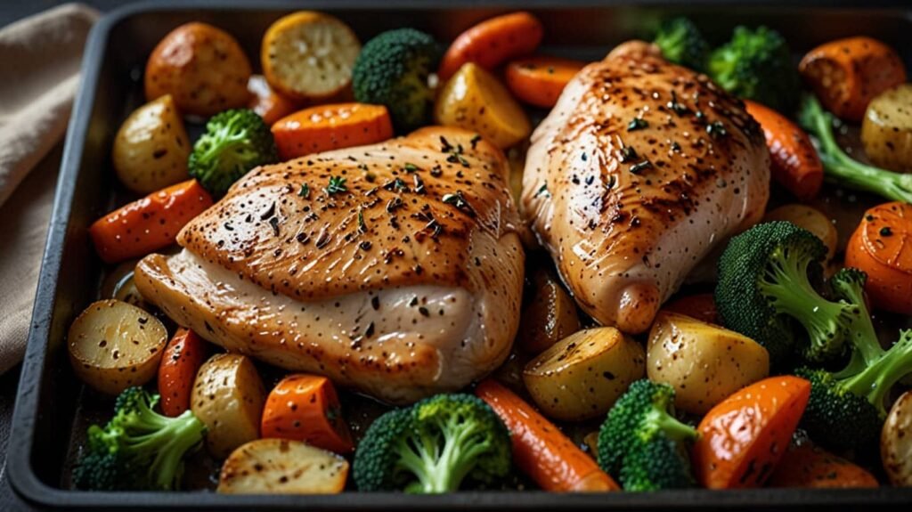 A vibrant sheet pan full of golden-brown chicken breasts surrounded by roasted veggies such as broccoli, carrots, and potatoes. (Family-friendly recipes)