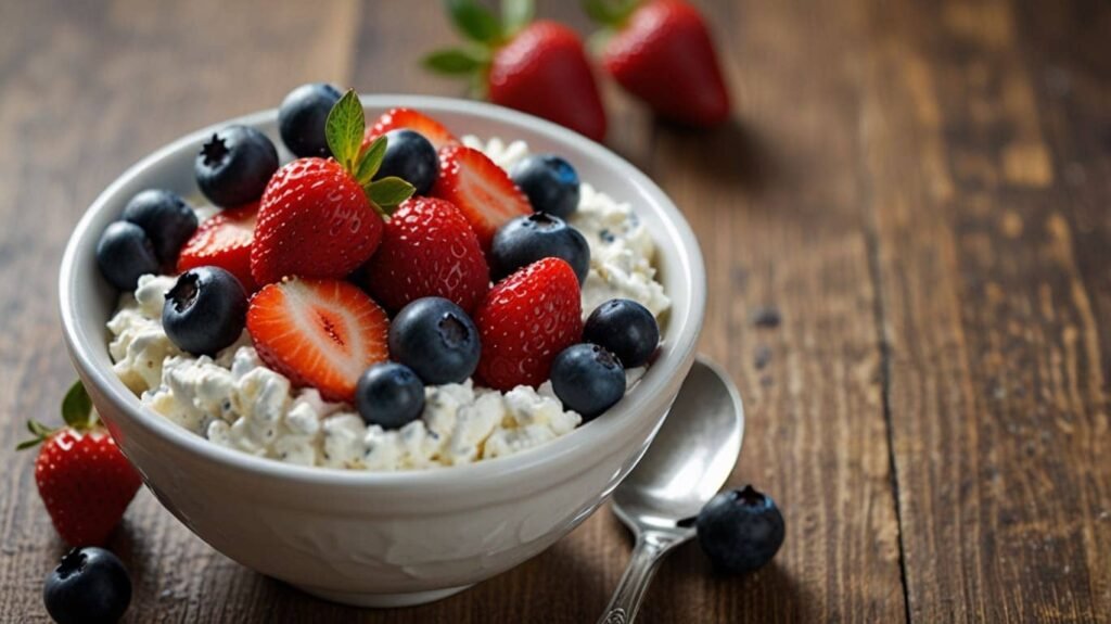 Low-calorie snacks. A bowl of low-fat cottage cheese topped with an assortment of fresh berries (strawberries, blueberries, raspberries), perhaps with a sprinkle of chia seeds.