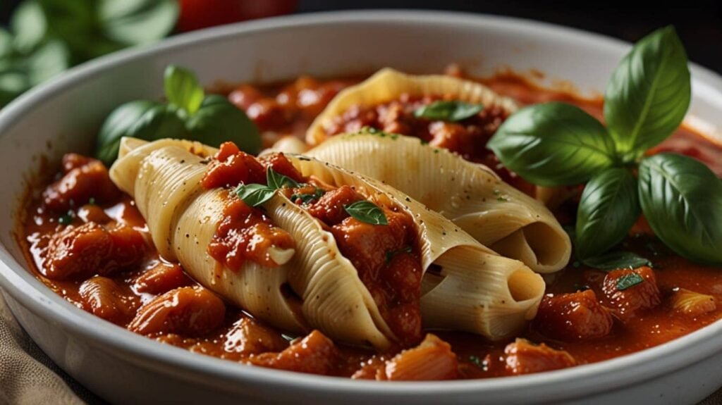 A close-up of cheesy stuffed pasta shells in a rich marinara sauce, garnished with fresh basil and served in a casserole dish. (Family-friendly recipes)