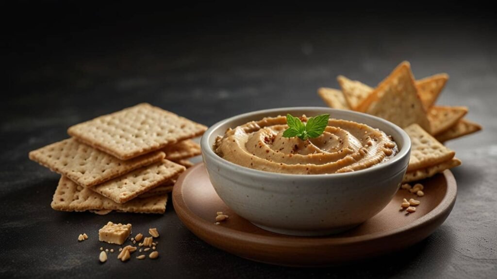 Low-calorie snacks. A serving of hummus in a small bowl accompanied by whole grain crackers. Include a few crackers with hummus spread on them for visual appeal.