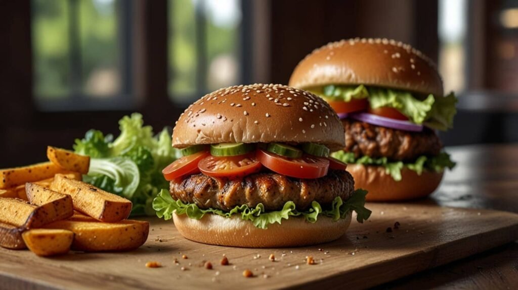 Crispy, golden-brown sweet potato fries next to a juicy turkey burger topped with lettuce, tomato, and avocado on a whole-grain bun. (Family-friendly recipes)