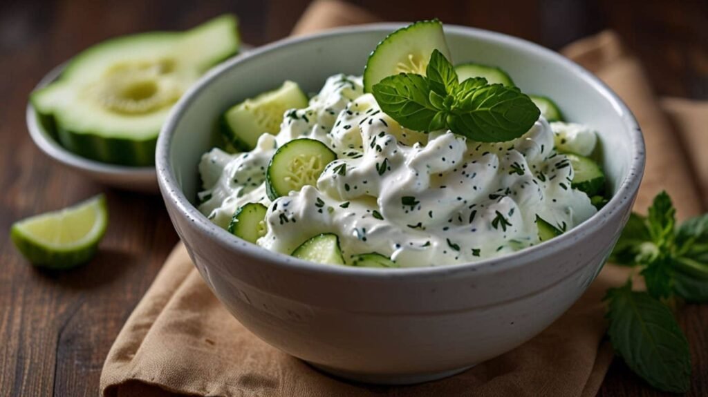 Image: A refreshing bowl of Greek yogurt and cucumber salad, garnished with fresh herbs like dill or mint, showcasing the creamy texture and vibrant green cucumber slices.