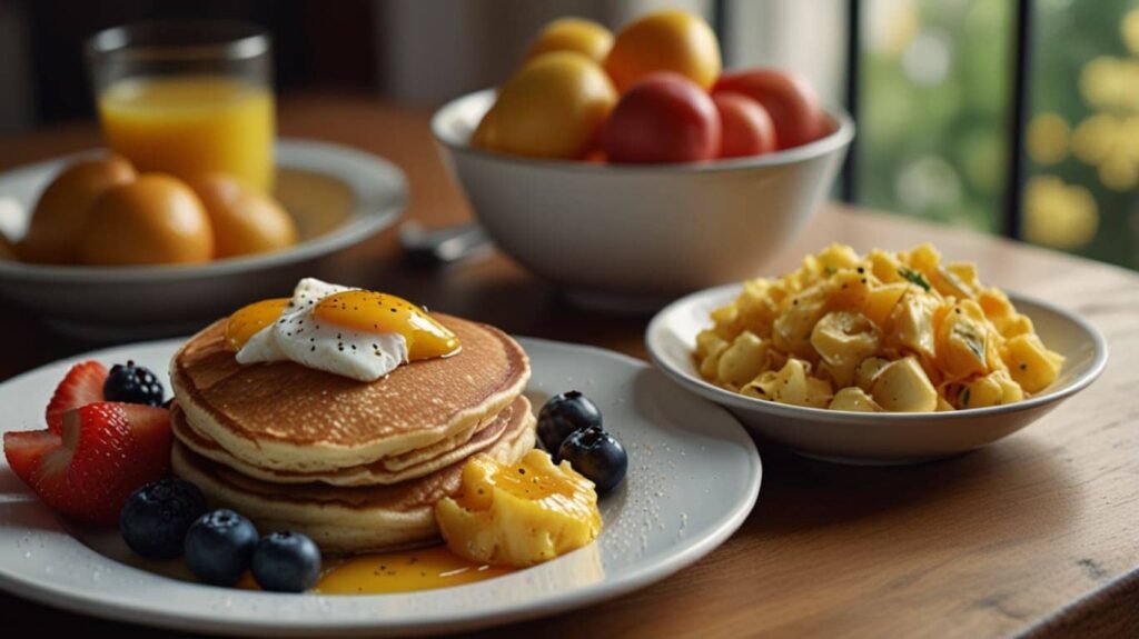 A spread of breakfast foods like fluffy pancakes with fruit, scrambled eggs with veggies, and a glass of orange juice on a cheerful breakfast table setting. (Family-friendly recipes)