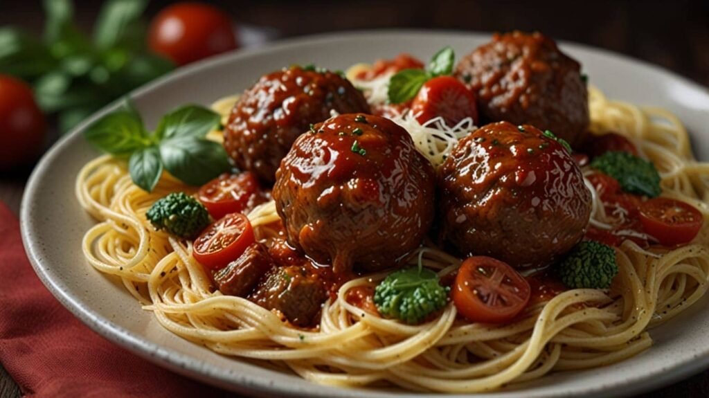 A comforting bowl of spaghetti topped with homemade meatballs, with finely chopped veggies visible in the meatballs and a sprinkle of Parmesan cheese. (Family-friendly recipes)