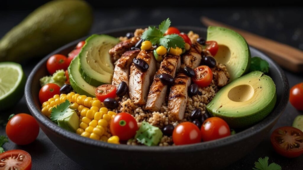 A vibrant quinoa bowl loaded with grilled chicken, avocado, black beans, corn, cherry tomatoes, and a lime wedge, with each ingredient beautifully arranged. (Family-friendly recipes)