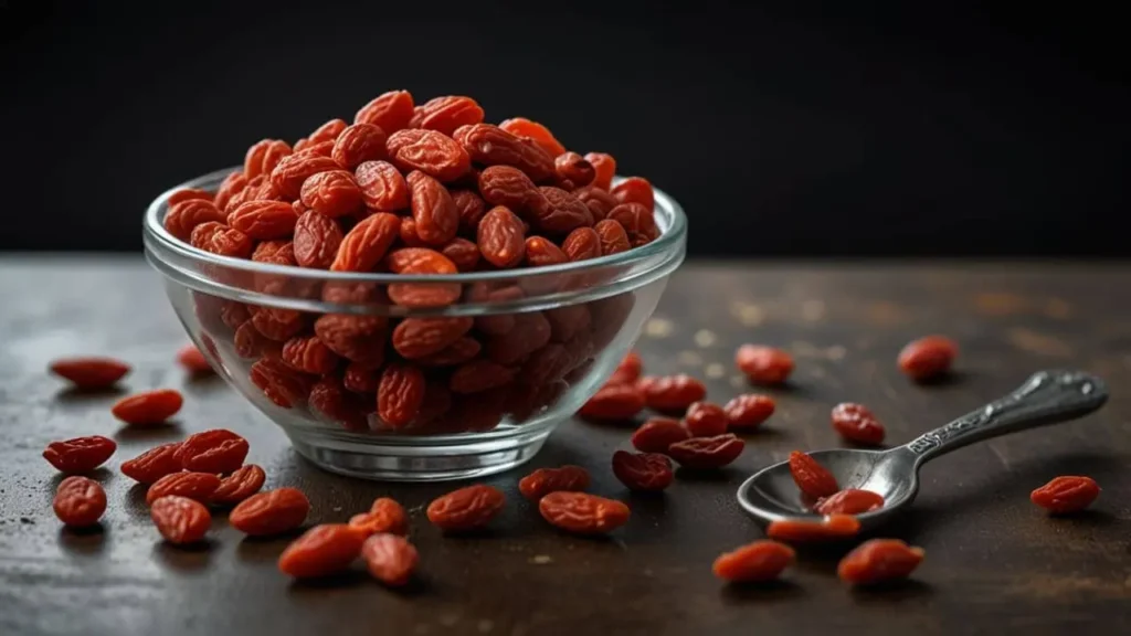 A bowl of dried goji berries, with a spoon scooping them up, ready to be added to a smoothie or sprinkled on a dish. (Antioxidants in Food)