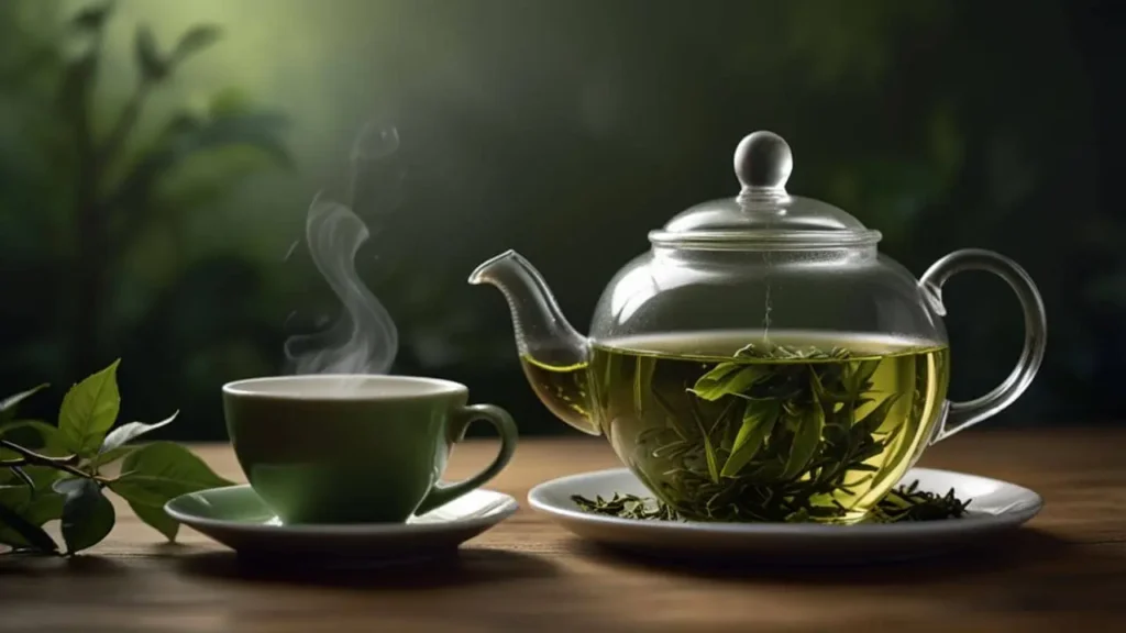 A steaming cup of green tea, with a teapot in the background and a few fresh tea leaves beside it. (Antioxidants in Food)