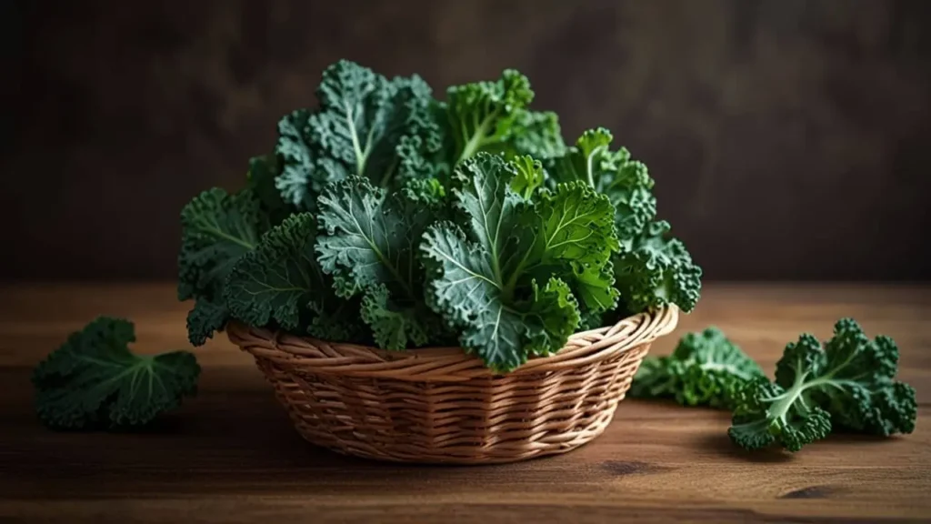 A bunch of curly kale leaves in a basket or displayed in a kitchen setting, emphasizing its vibrant green color and freshness. (Antioxidants in Food)