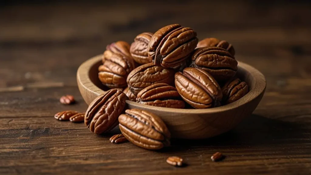 A handful of pecans scattered on a rustic wooden table, with a small bowl of pecan halves next to them. (Antioxidants in Food)