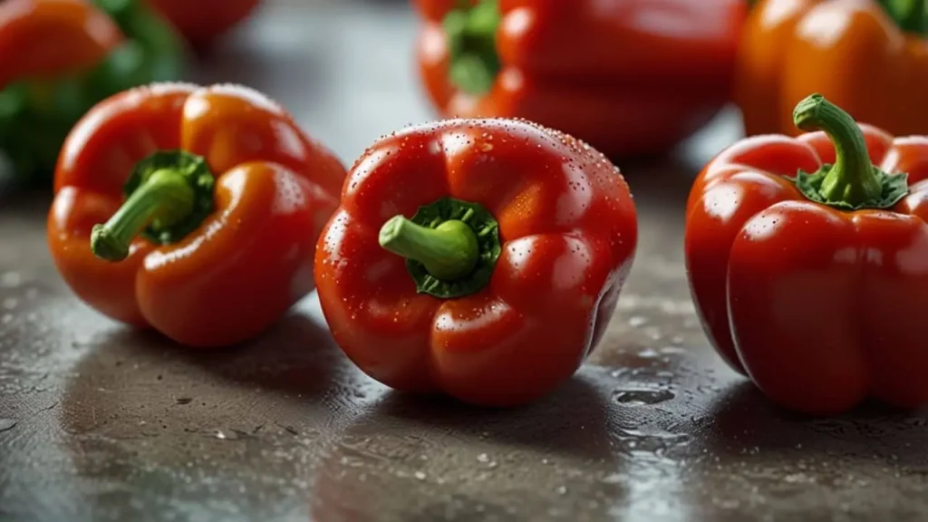 Red bell peppers on a kitchen counter, showcasing their bright, bold color and freshness. (Antioxidants in Food)