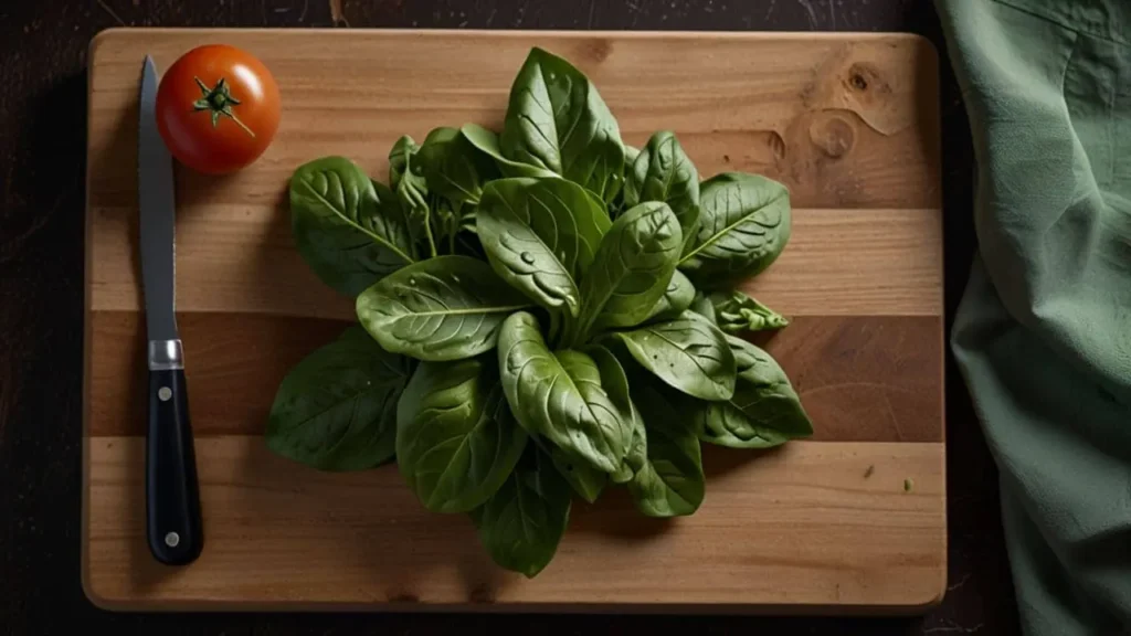 Fresh spinach leaves spread out on a wooden cutting board, ready to be added to a salad or smoothie. (Antioxidants in Food)