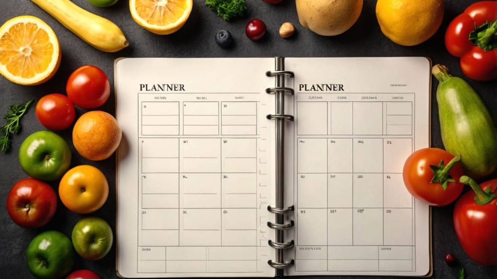 o	Image of a blank meal planner sheet, surrounded by fresh vegetables and fruits. Meal planning.