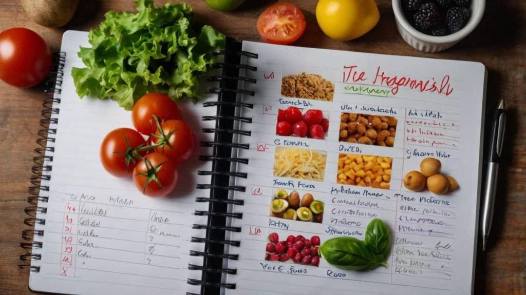 o	Image of a meal planner notebook with various healthy food ingredients laid out. Meal planning.