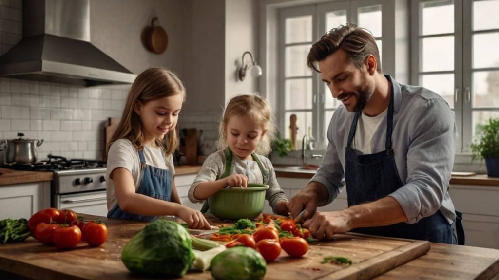 o Image of a family cooking together in a kitchen, with a child helping to chop vegetables. Meal planning.