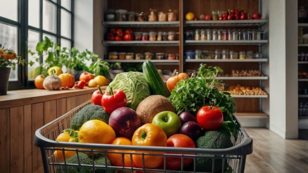 Image of a shopping cart filled with colorful fresh produce and healthy pantry items. Meal planning.