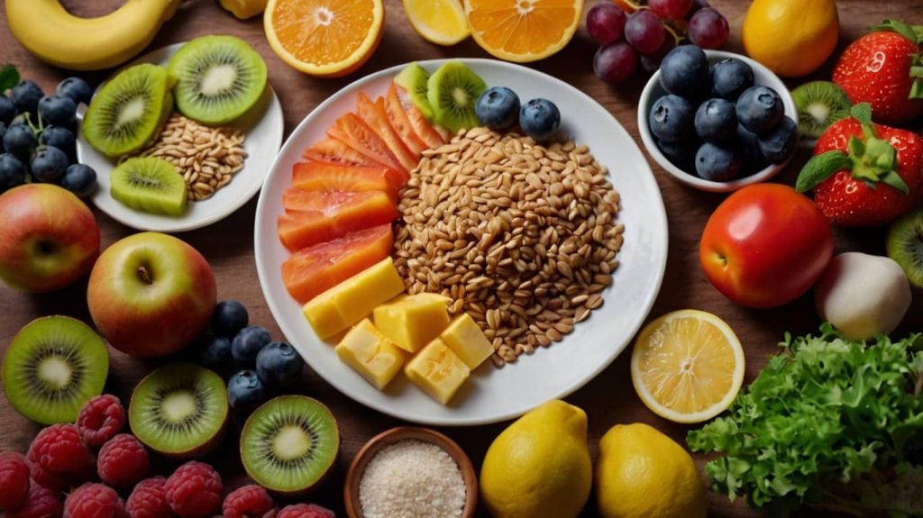 A visually appealing plate of food with a colorful variety of fruits, vegetables, whole grains, lean proteins, and healthy fats, symbolizing a balanced diet.