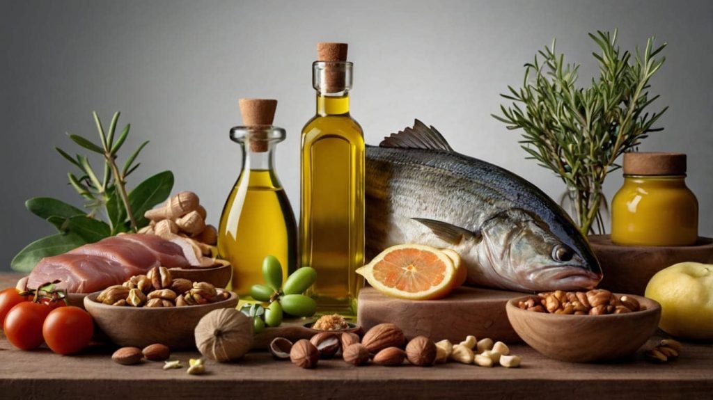 A collage of foods representing different diets: Mediterranean (olive oil, fish, nuts), DASH (fruits, vegetables), and Flexitarian (mixed plant-based and lean meats)