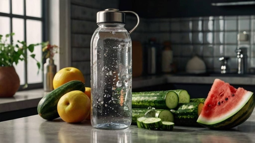 A water bottle, fruits with high water content (like watermelon, cucumbers), and a glass of water on a kitchen counter.