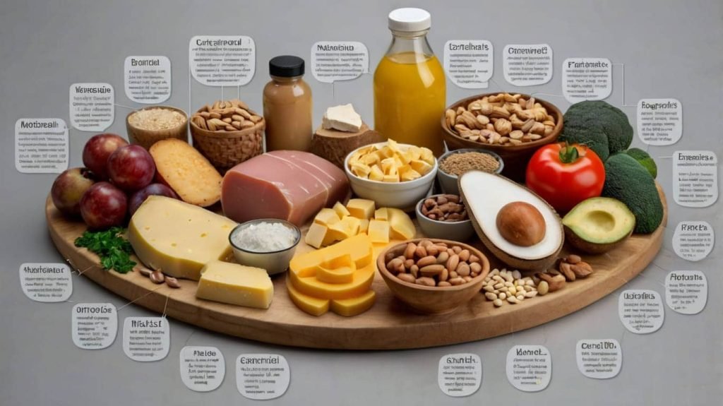 A detailed infographic or chart displaying the different types of macronutrients (carbohydrates, proteins, fats) and micronutrients (vitamins, minerals) with examples of foods that contain them.