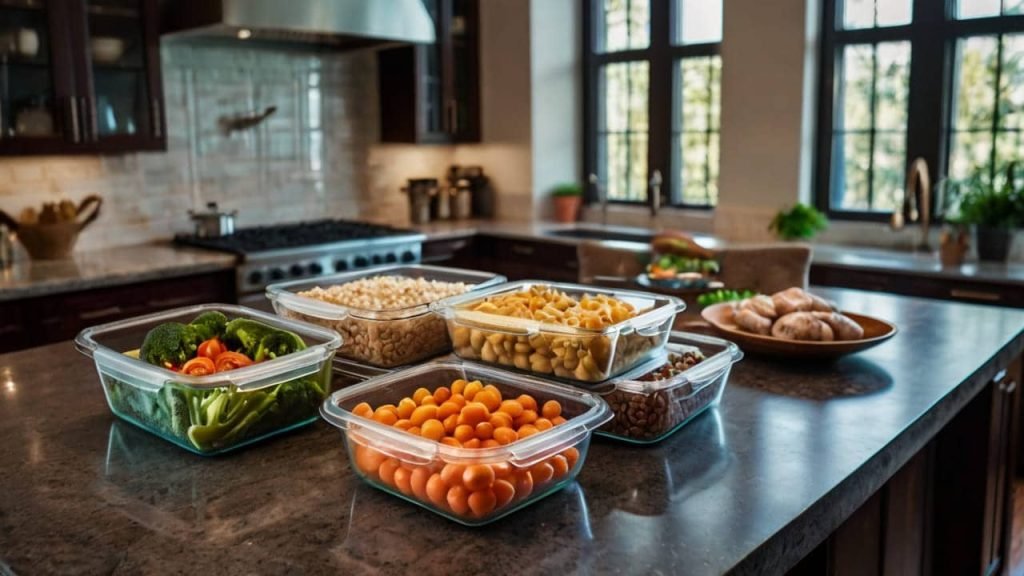 A kitchen countertop with meal prep containers filled with a variety of healthy meals (vegetables, lean proteins, whole grains), along with a grocery list or a meal plan.