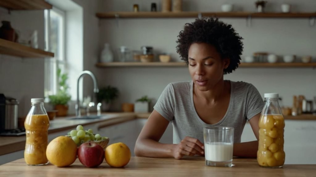 A series of small lifestyle images like someone drinking water, preparing a homemade meal, swapping out unhealthy snacks for fruits, and reading nutrition labels on food packaging.