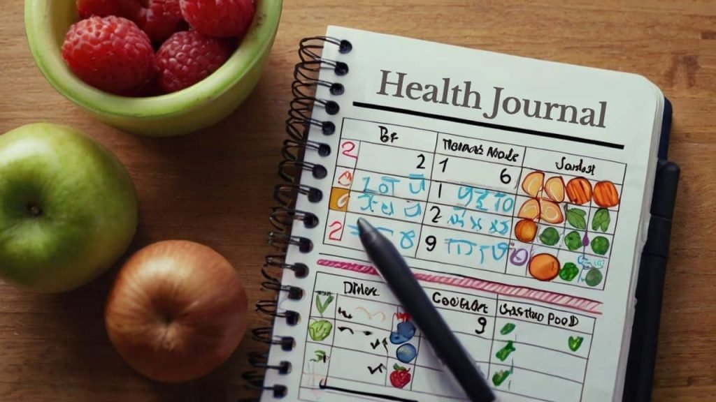 A motivational image featuring someone writing or checking off goals in a health journal, surrounded by healthy foods, with encouraging text or icons showing progress, like a calendar or checkmarks.