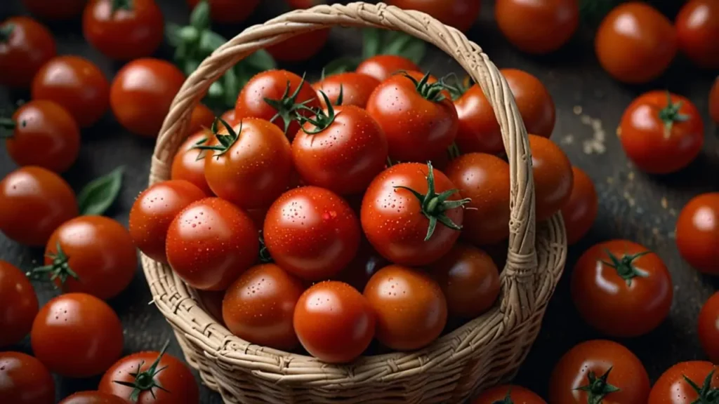 A basket of ripe, juicy tomatoes, with some whole and others sliced to show their vibrant red interiors. (Antioxidants in Food)