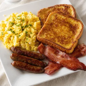 American-style breakfast plate (scrambled eggs, sausages, bacon, French toast)