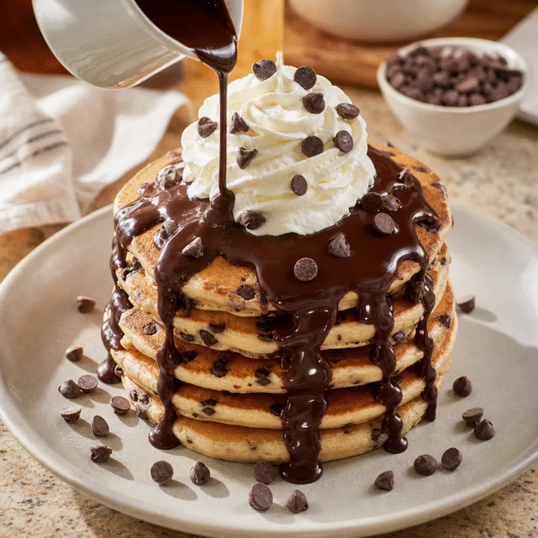 Chocolate chip pancakes with chocolate sauce and whipped cream