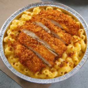 Mac and cheese topped with breaded fried chicken (chicken cutlet)