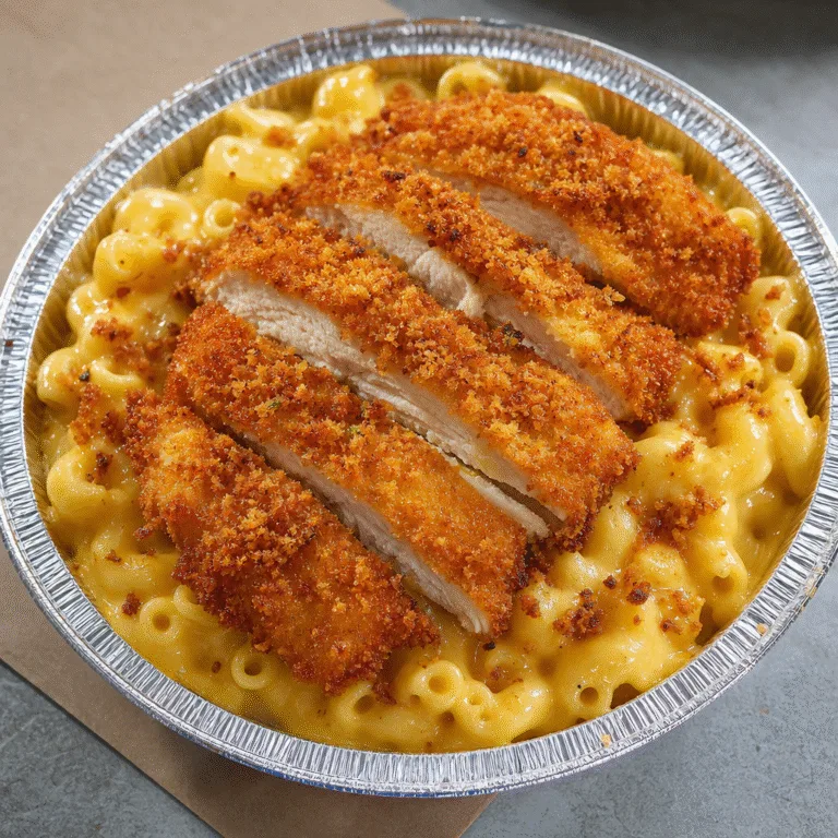 Mac and cheese topped with breaded fried chicken (chicken cutlet)