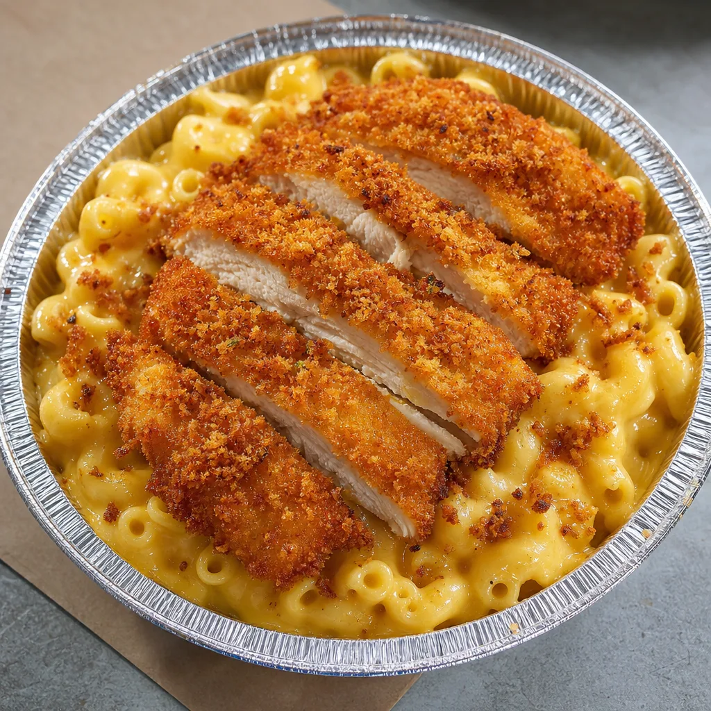 Mac and cheese topped with breaded fried chicken (chicken cutlet)