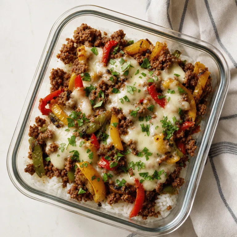 Philly-style cheesesteak bowl (ground beef variant)