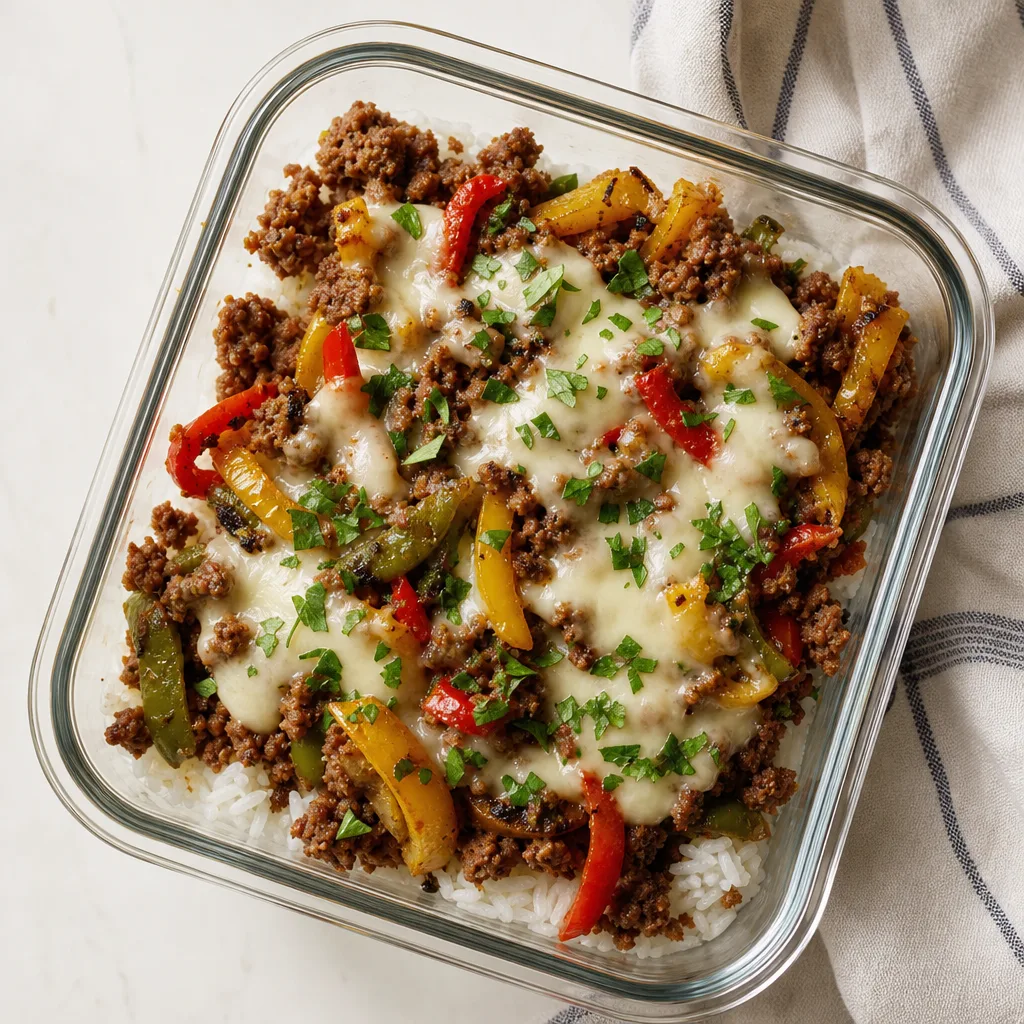 Philly-style cheesesteak bowl (ground beef variant)