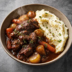 Red wine–style braised beef stew with mashed potatoes